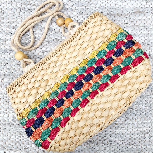 Unknown Handbags - Large Multicolored Straw Tote w/ Wooden Beads